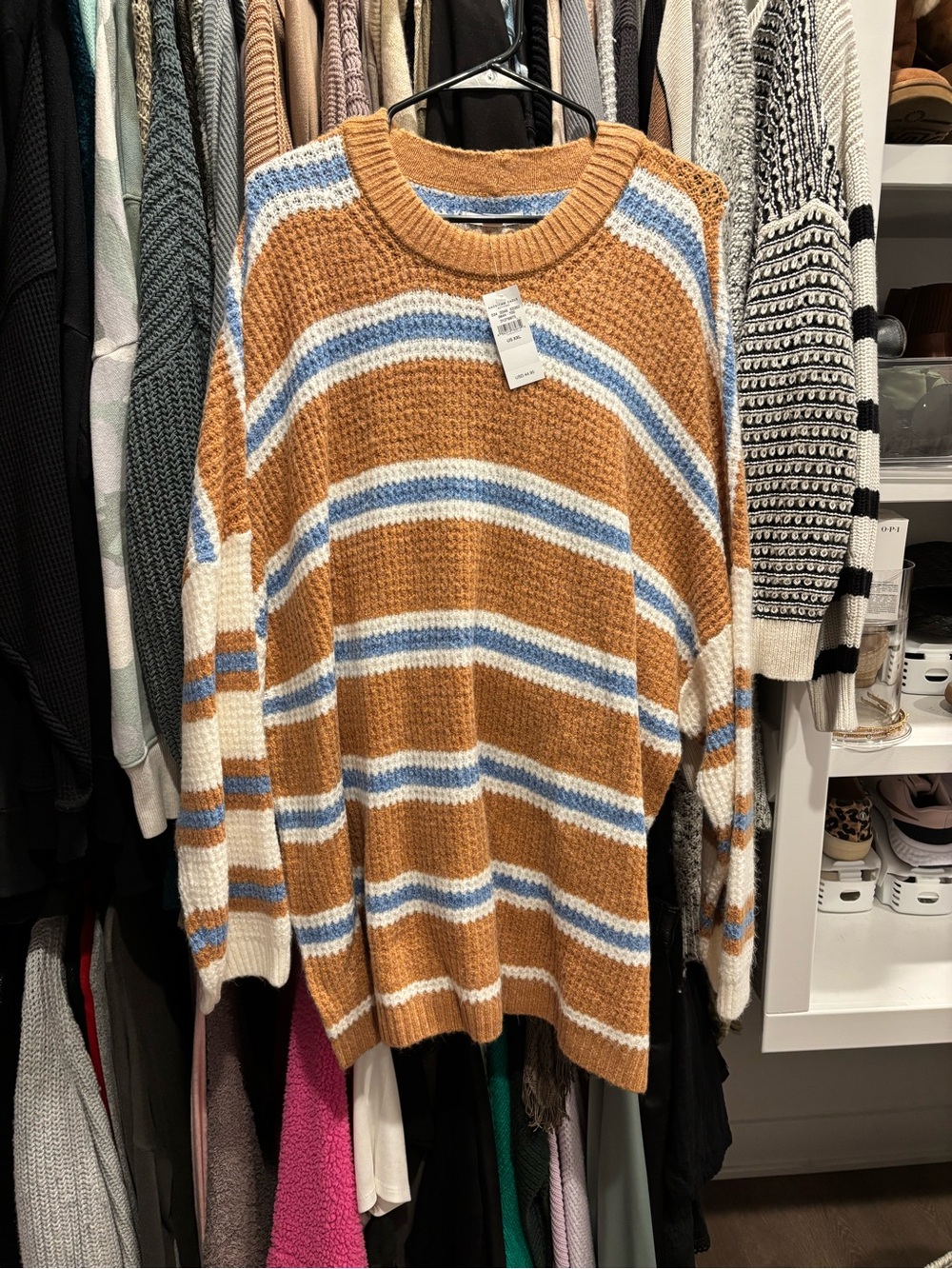 American Eagle Outfitters Striped Crewneck Sweater in Tan, White & Light Blue